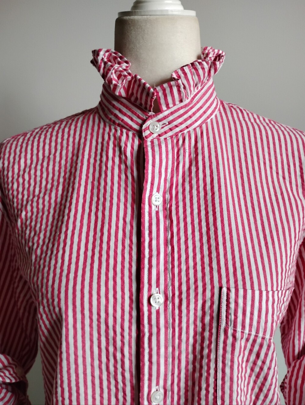 J.Crew Upcycled Re-Worked Ruffle Shirt Red Stripe Seersucker Preppy Size Medium